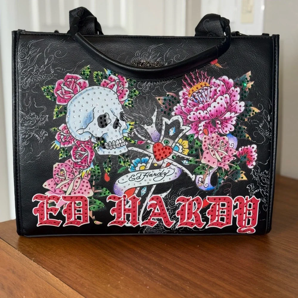 NWT Ed Hardy Jeweled Black Satchel with Floral Skull Design With Crossbody Strap - Picture 1 of 9